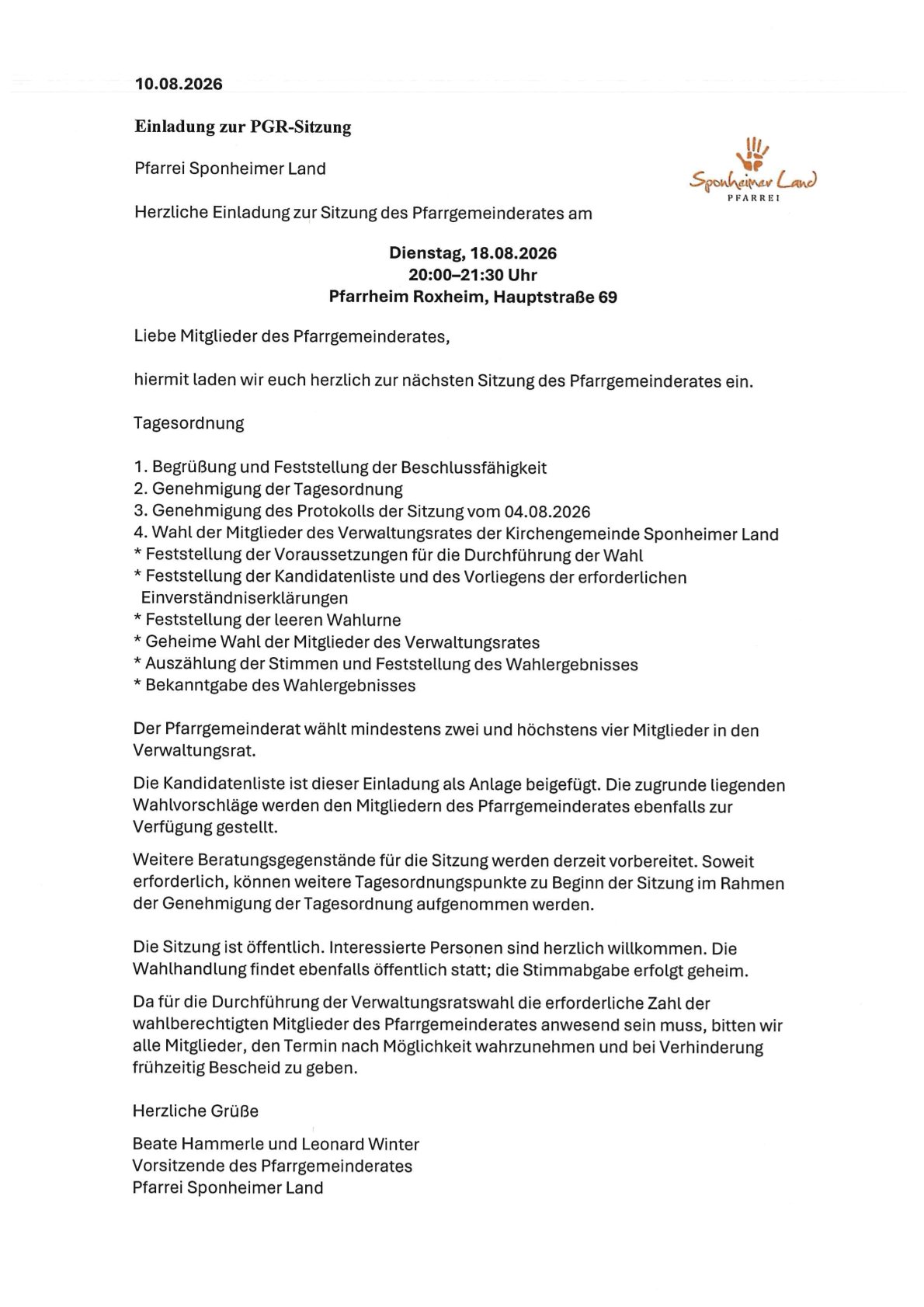 Einladung PGR (c) Pfarrbüro Einladung PGR